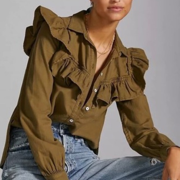 Anthropologie Tops - Anthropologie Blouse Womens Medium Pilcro Green Ruffle Button Down Western